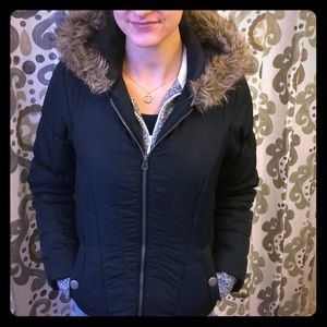 Black faux fur winter puffer jacket